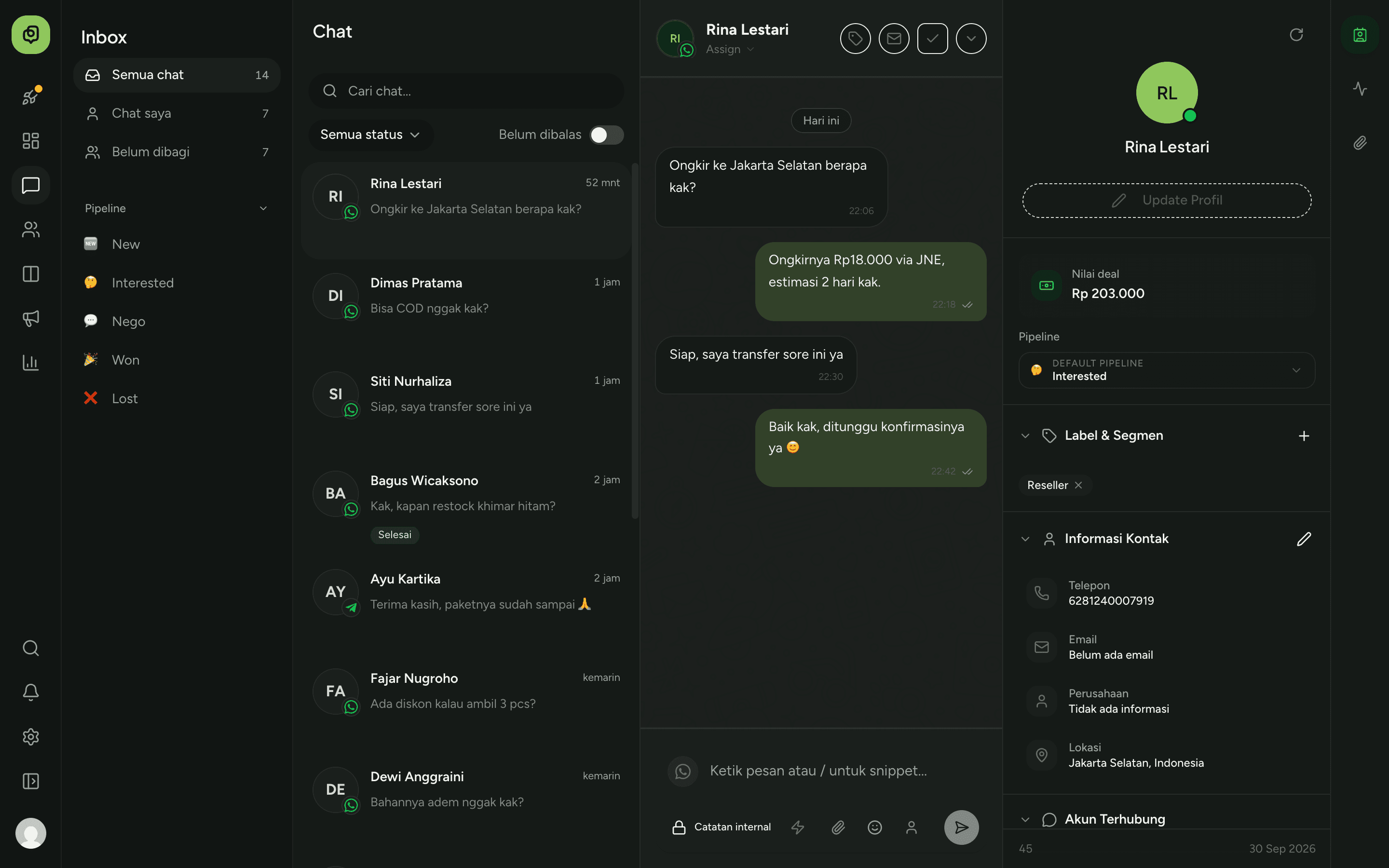 Inbox Malketing berisi percakapan dari beberapa channel